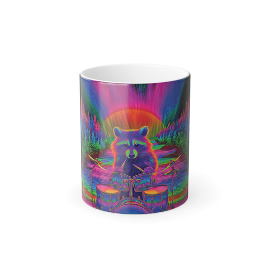 11oz Color Changing Mug – Trippy Raccoon Drummer | Psychedelic Animal Art, Heat Reveal Mug, Cosmic Groove Vibes