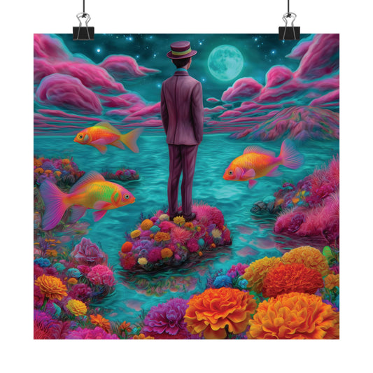 Dreamworld Poster – Floating Goldfish, Surreal Floral Scene