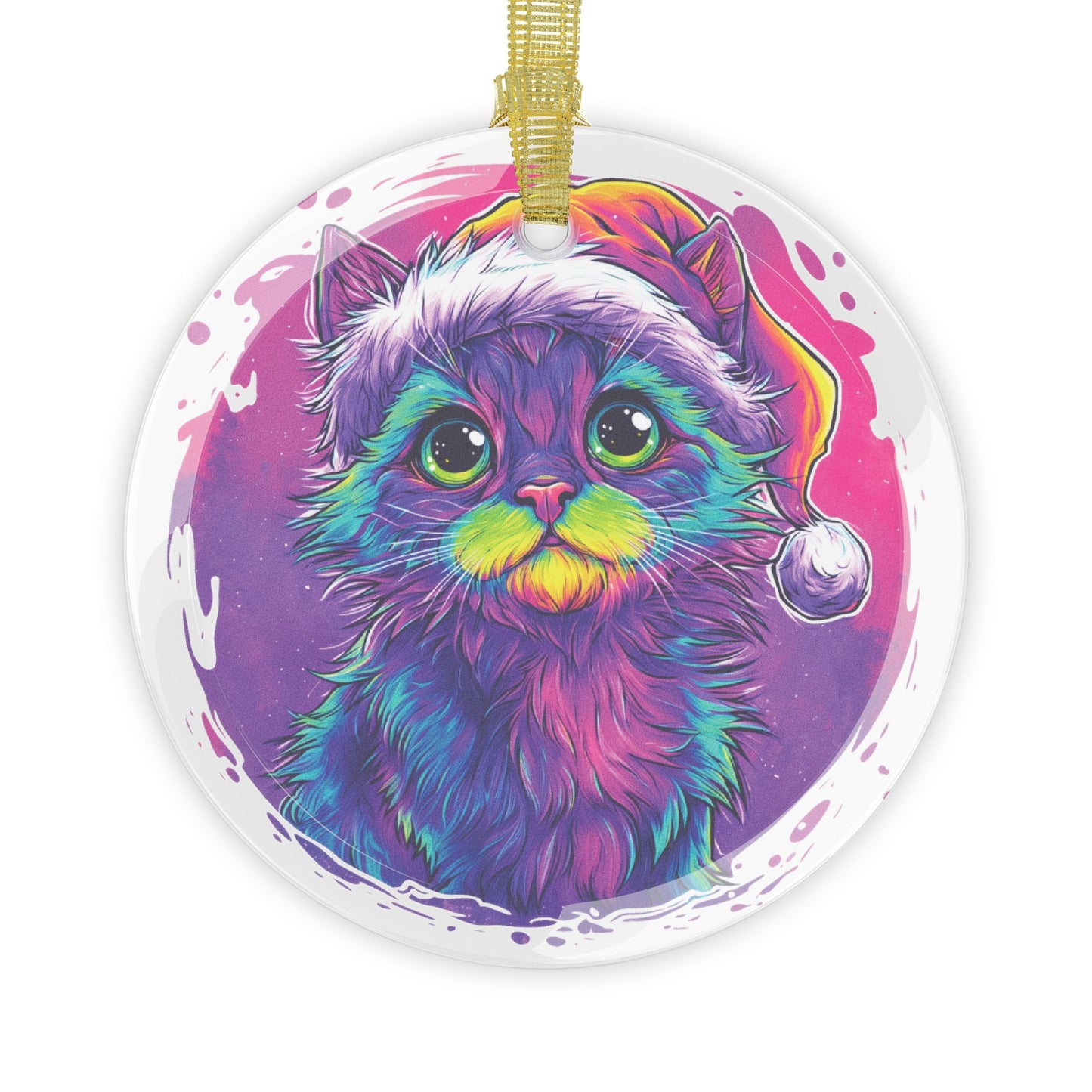 Glass Christmas Ornament – Vivid Kitten in Santa Hat, Cute Holiday Cat Decoration