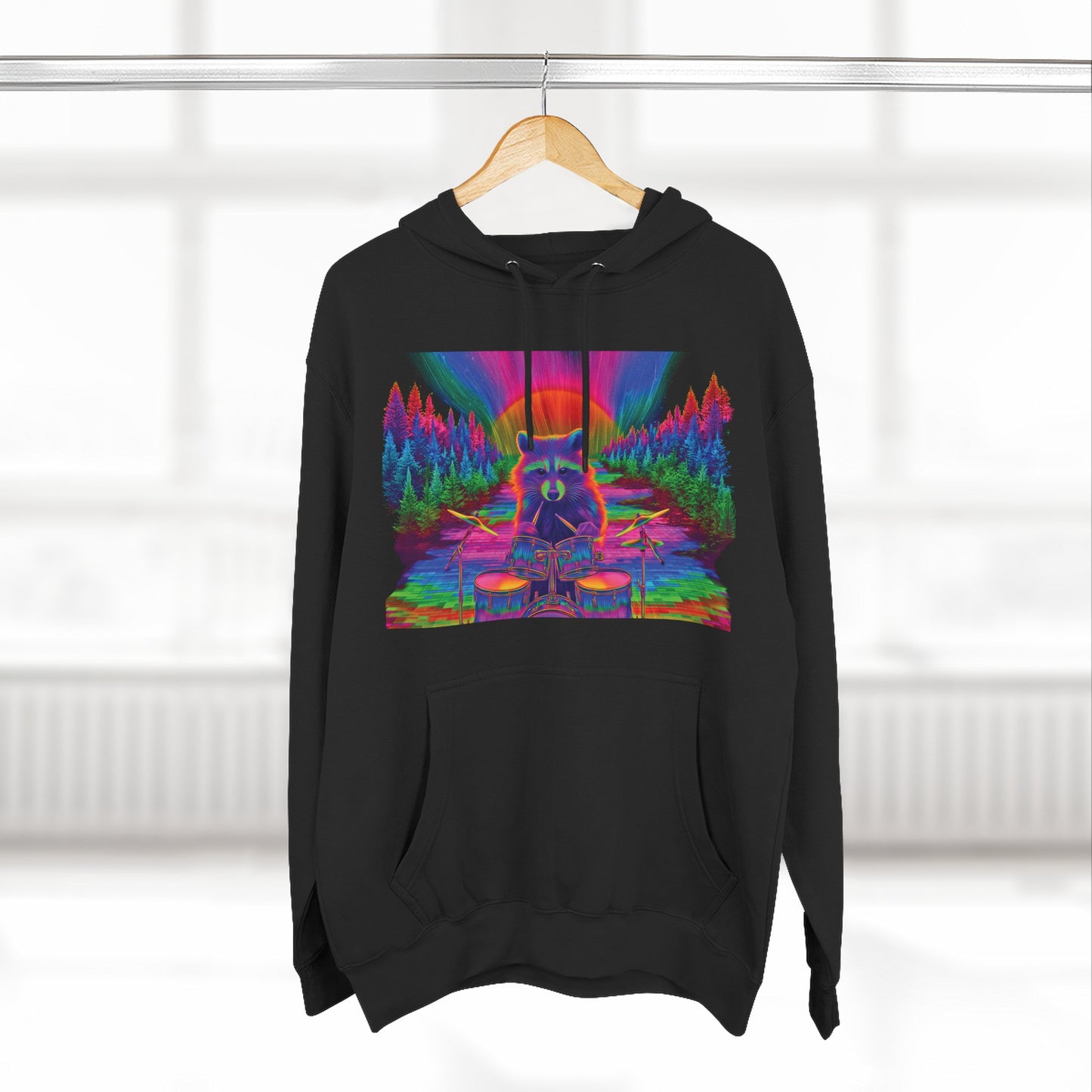 Psychedelic Raccoon Drummer Hoodie – Trippy Unisex Music Lover Sweatshirt, Vibrant Festival Art