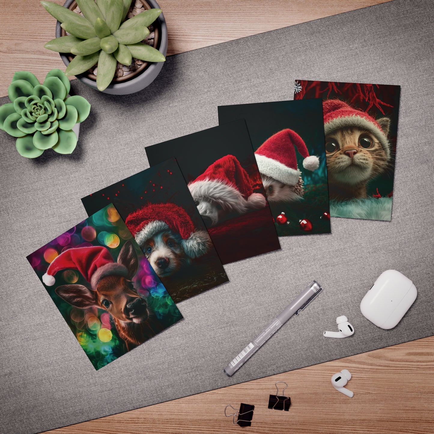 Adorable Animal Christmas Card Set – Puppy, Kitten, Fawn, Polar Bear & Hedgehog in Santa Hats
