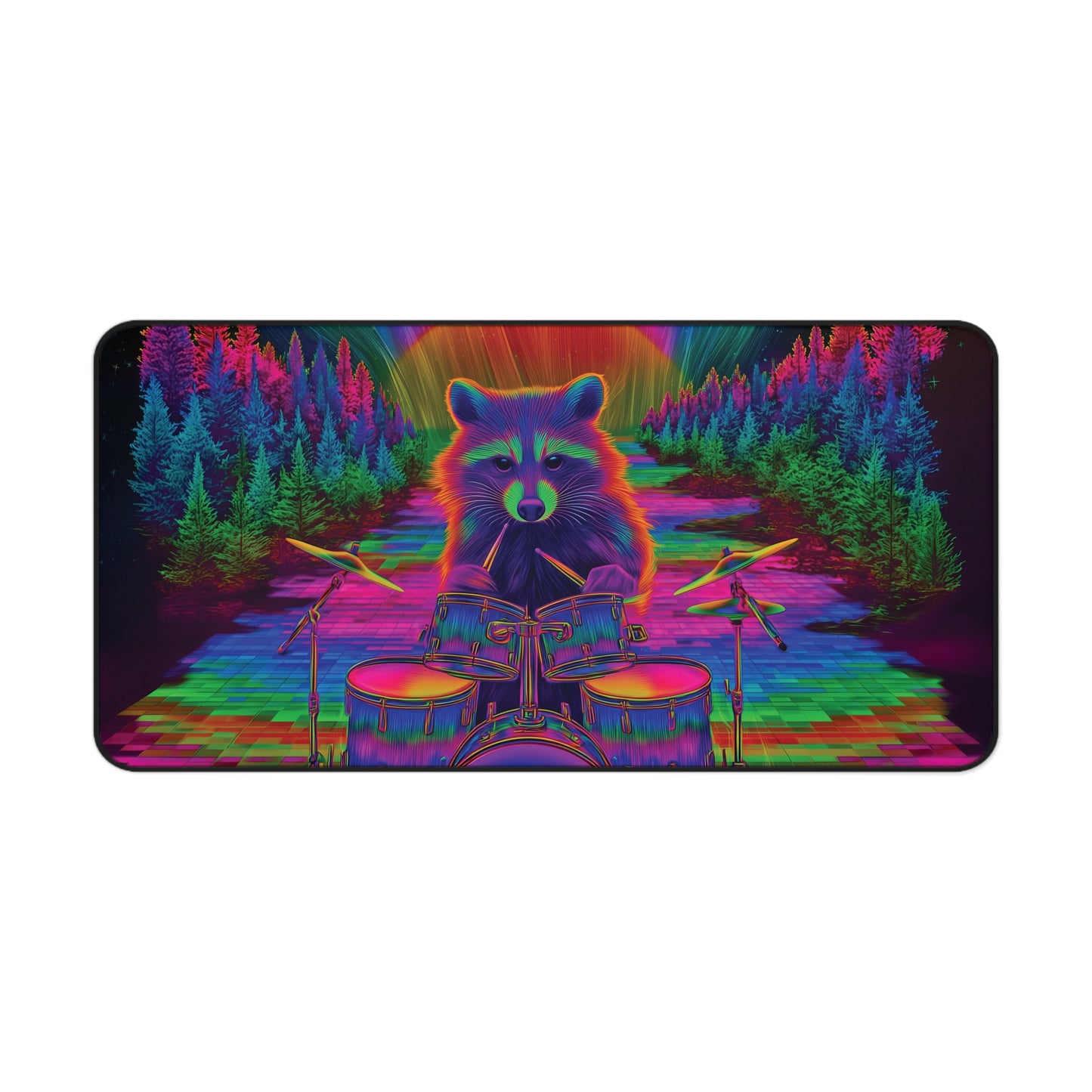Psychedelic Raccoon Drummer Desk Mat – Trippy Gaming & Office Art Pad, Vibrant Cosmic Vibes