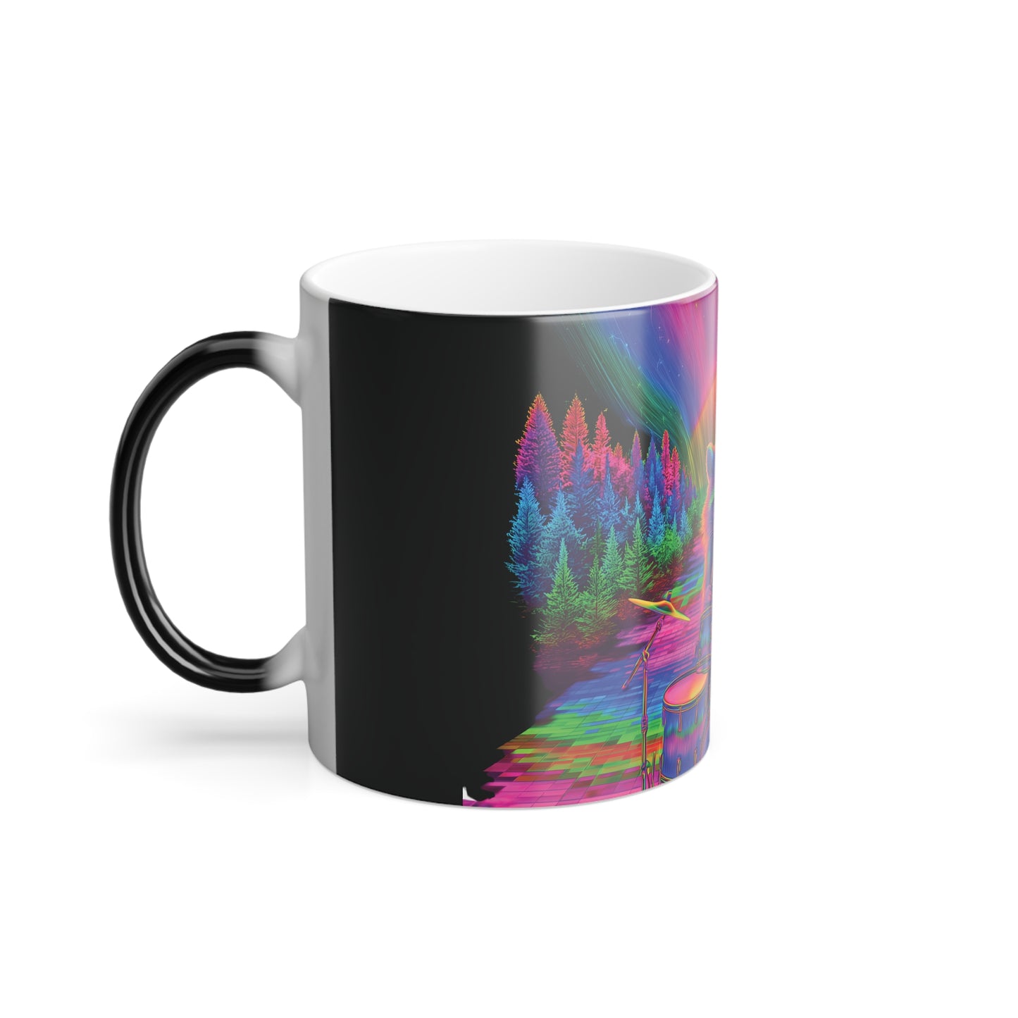 11oz Color Changing Mug – Trippy Raccoon Drummer | Psychedelic Animal Art, Heat Reveal Mug, Cosmic Groove Vibes
