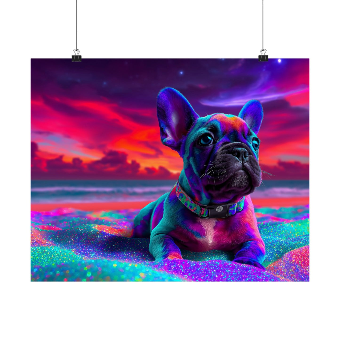 French Bulldog Poster – Cute Colorful Frenchie on Shimmering Sand, Dog Lover Poster