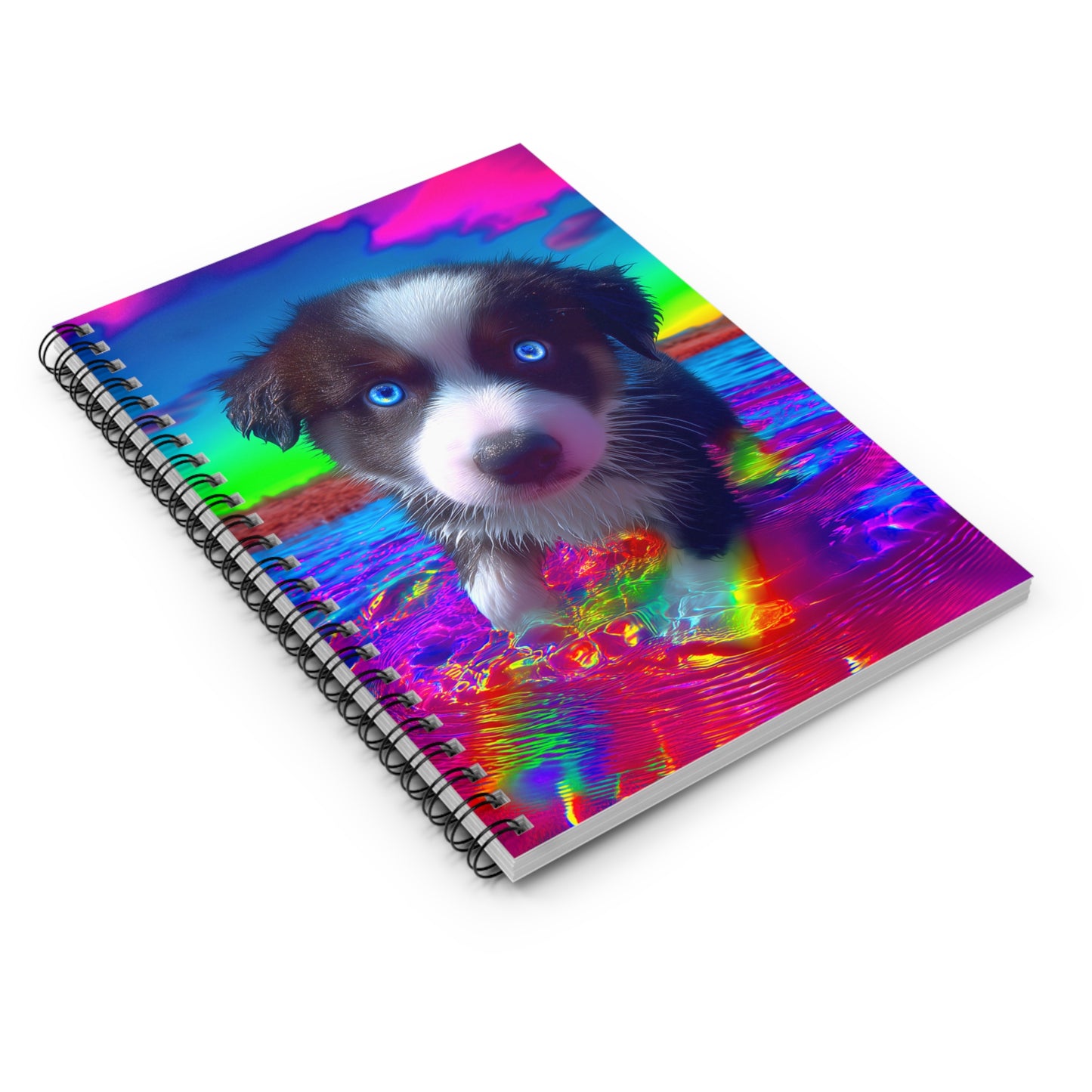 Adorable Puppy in the Sea Spiral Notebook – Magical Rainbow Tones, Blue Eyes, Cute Dog Journal
