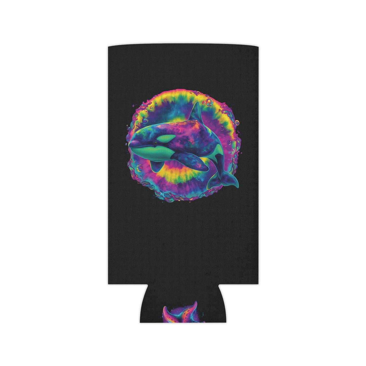 Psychedelic Orca Can Cooler | Trippy Whale & Neon Starfish | SoulstainArt Oceancore Drink Holder