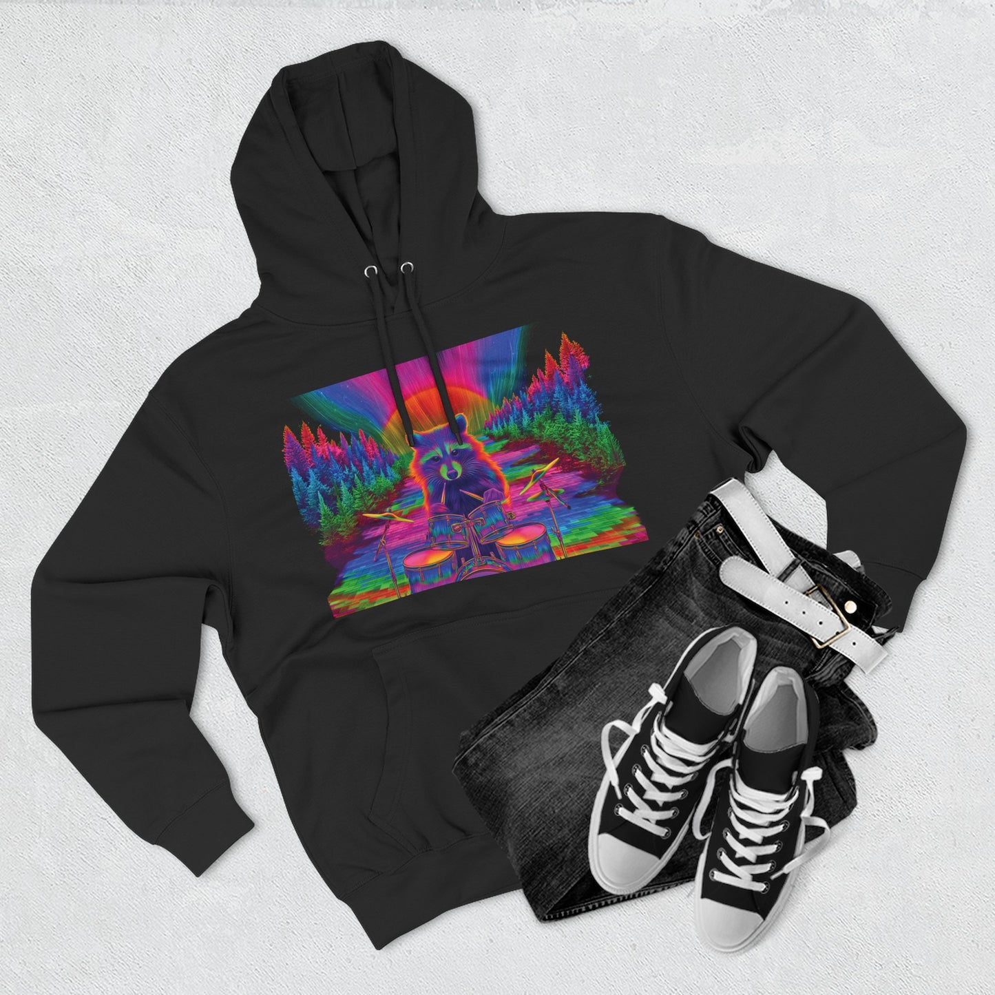 Psychedelic Raccoon Drummer Hoodie – Trippy Unisex Music Lover Sweatshirt, Vibrant Festival Art