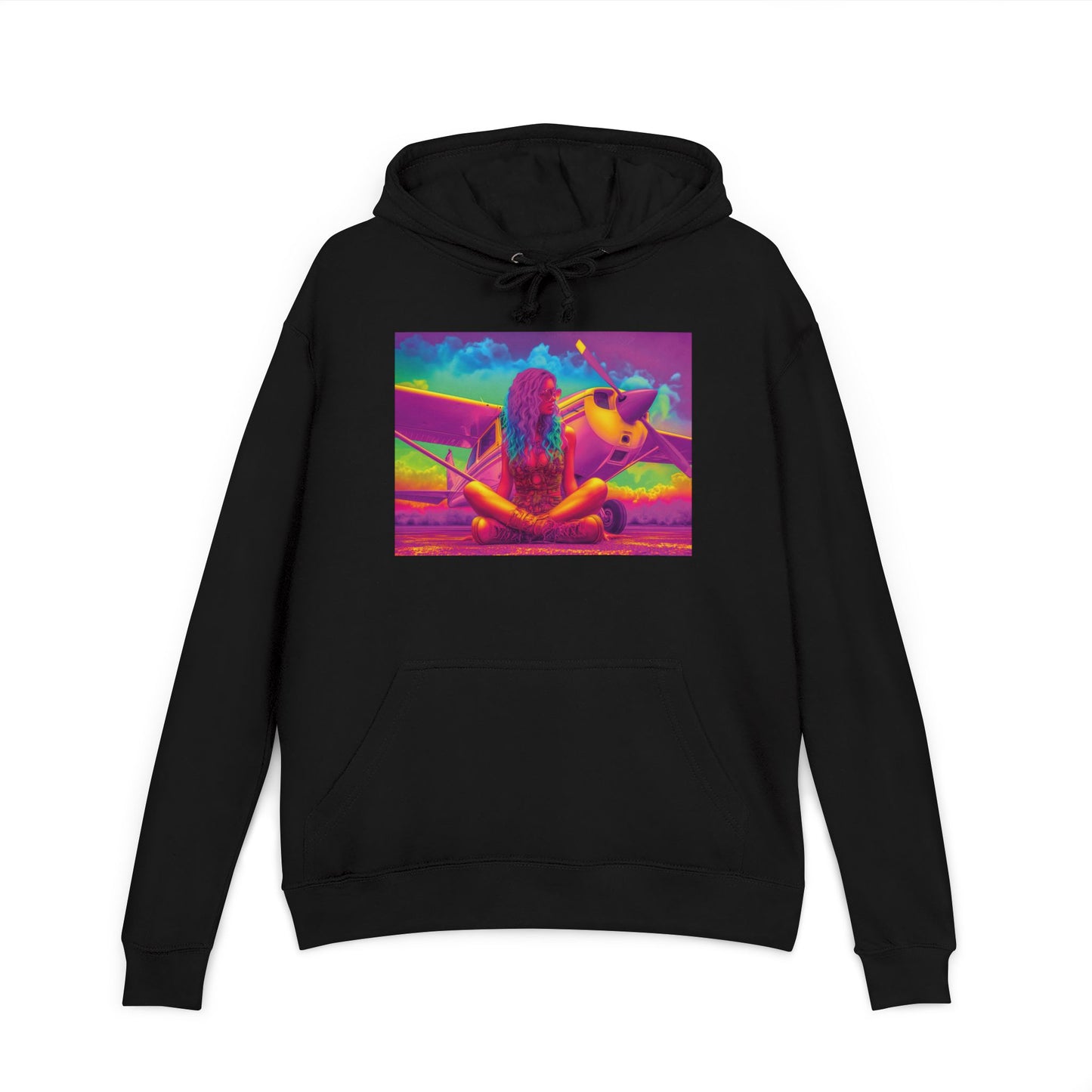 Psychedelic Plane Babe Hoodie – Neon Pink Sky Aesthetic Unisex Sweatshirt, Trippy Aviation Art