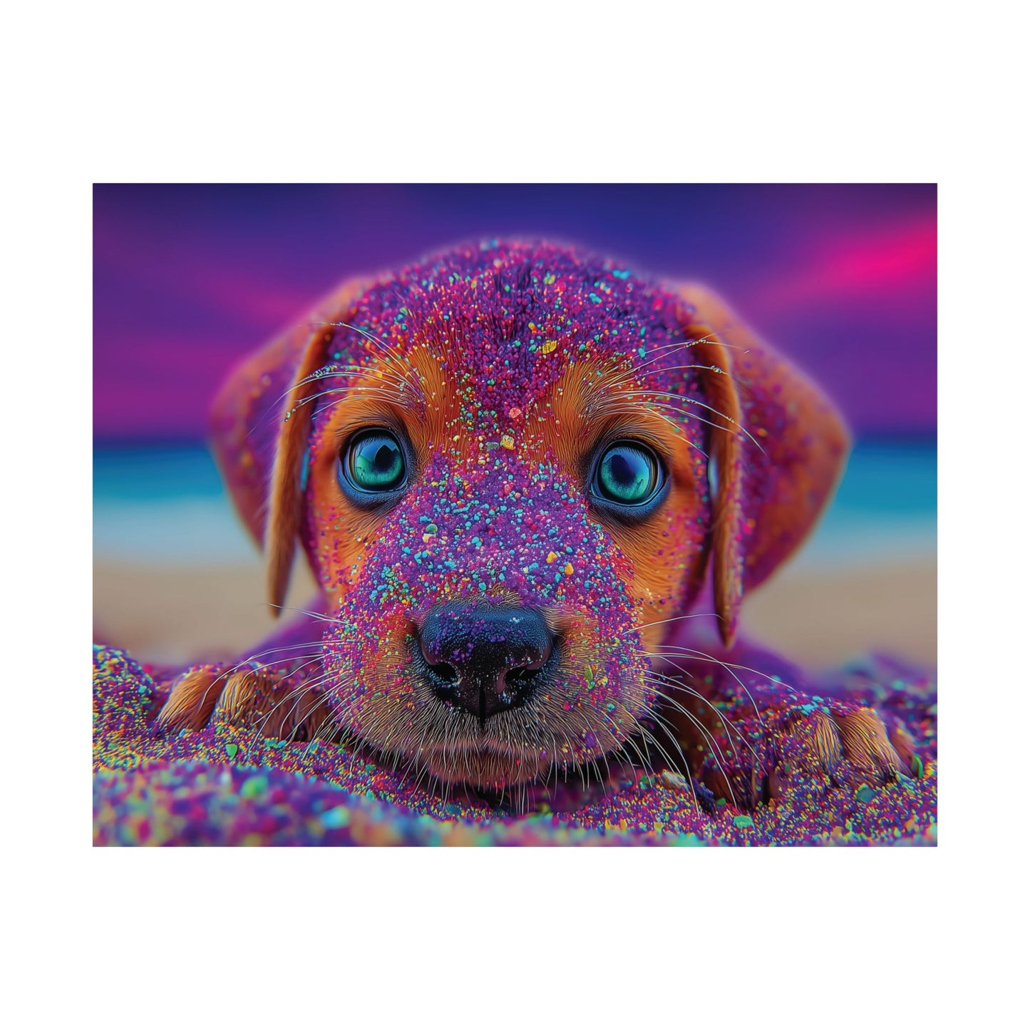 Adorable Hypnotic Colored Puppy Poster – Cute Vibrant Colors & Hypnotic Purple Sand