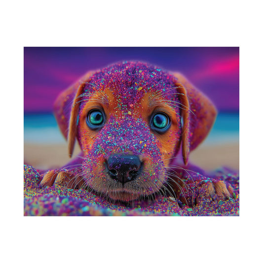 Adorable Hypnotic Colored Puppy Poster – Cute Vibrant Colors & Hypnotic Purple Sand