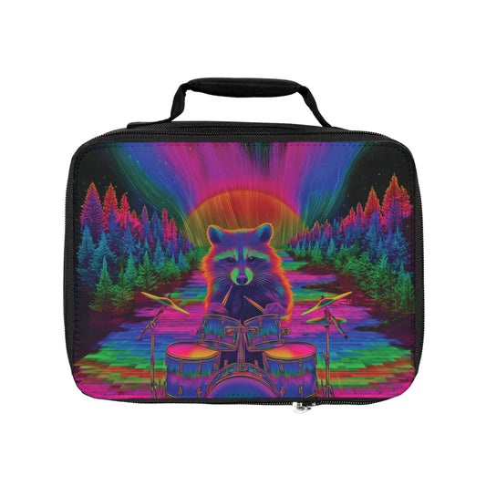 Trippy Raccoon Drummer Lunch Tote – Vibrant Festival Art Bag, Cosmic Music Vibes