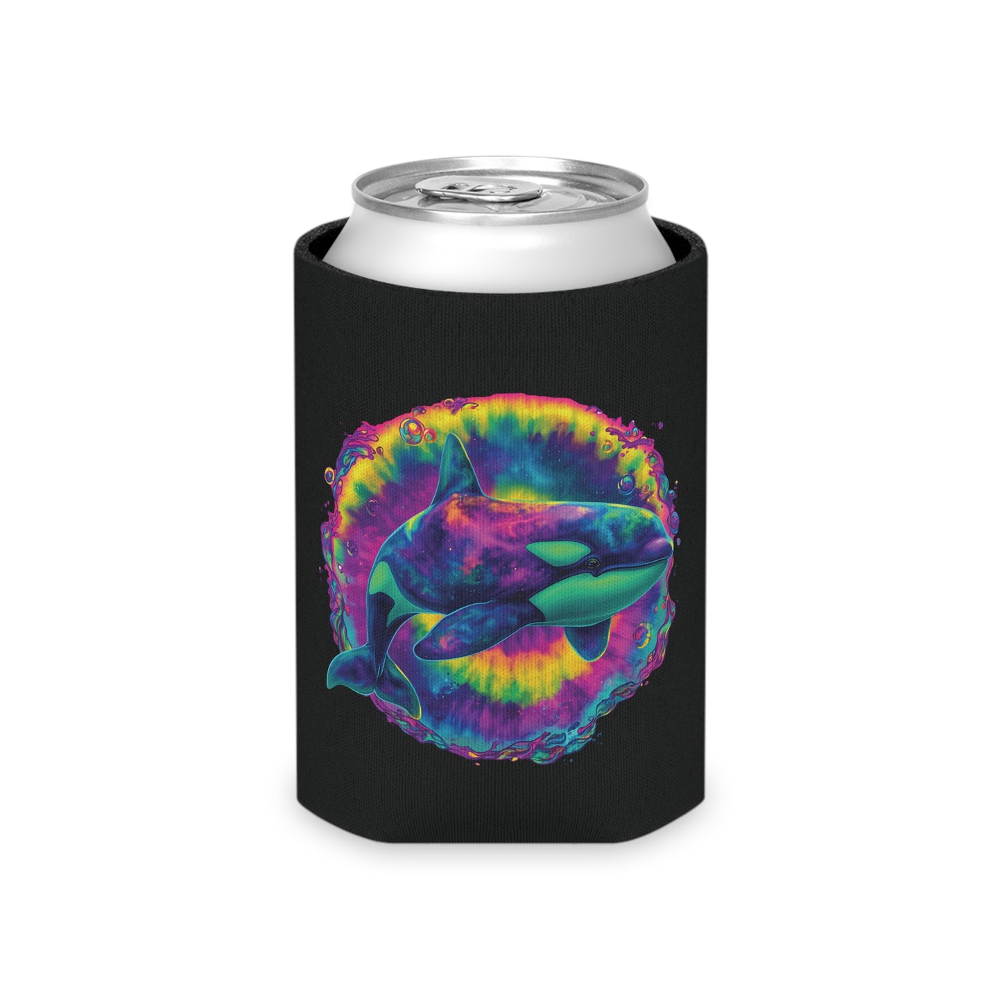 Psychedelic Orca Can Cooler | Trippy Whale & Neon Starfish | SoulstainArt Oceancore Drink Holder