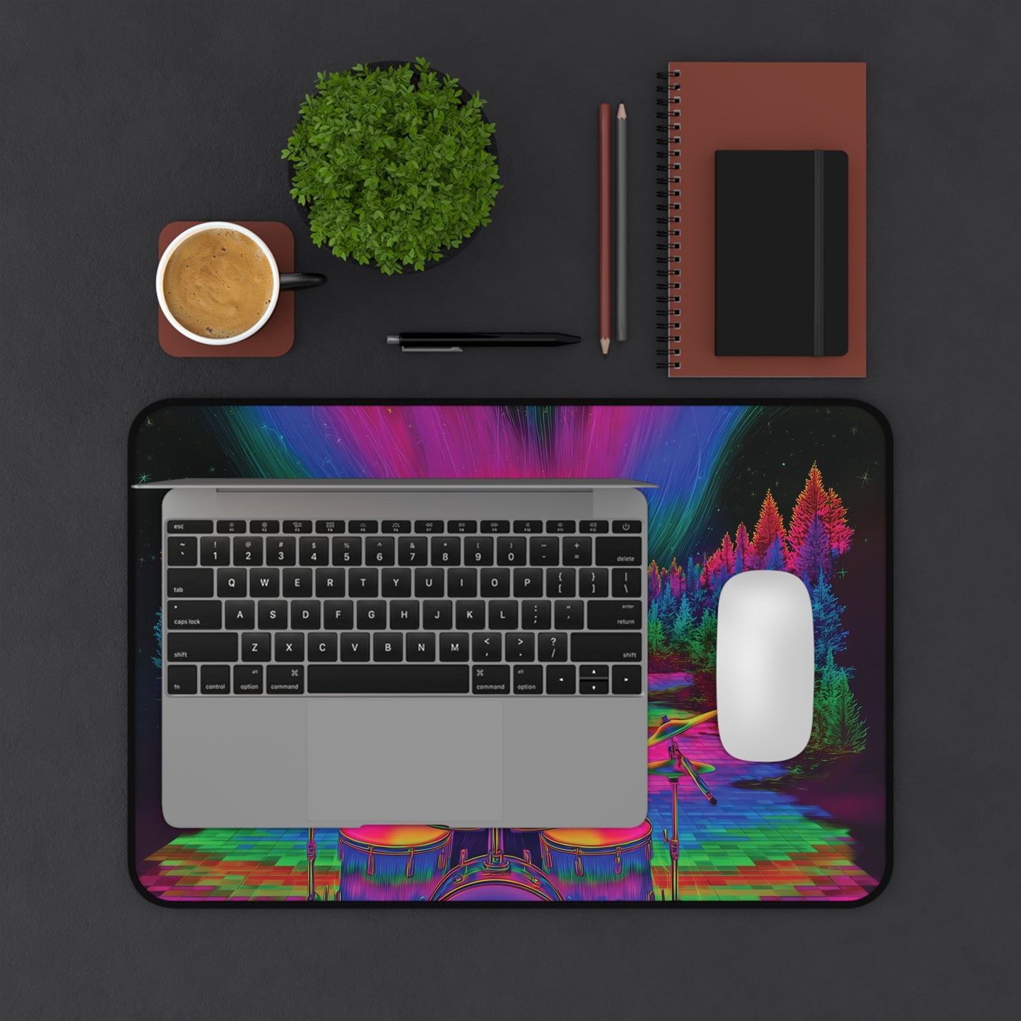 Psychedelic Raccoon Drummer Desk Mat – Trippy Gaming & Office Art Pad, Vibrant Cosmic Vibes