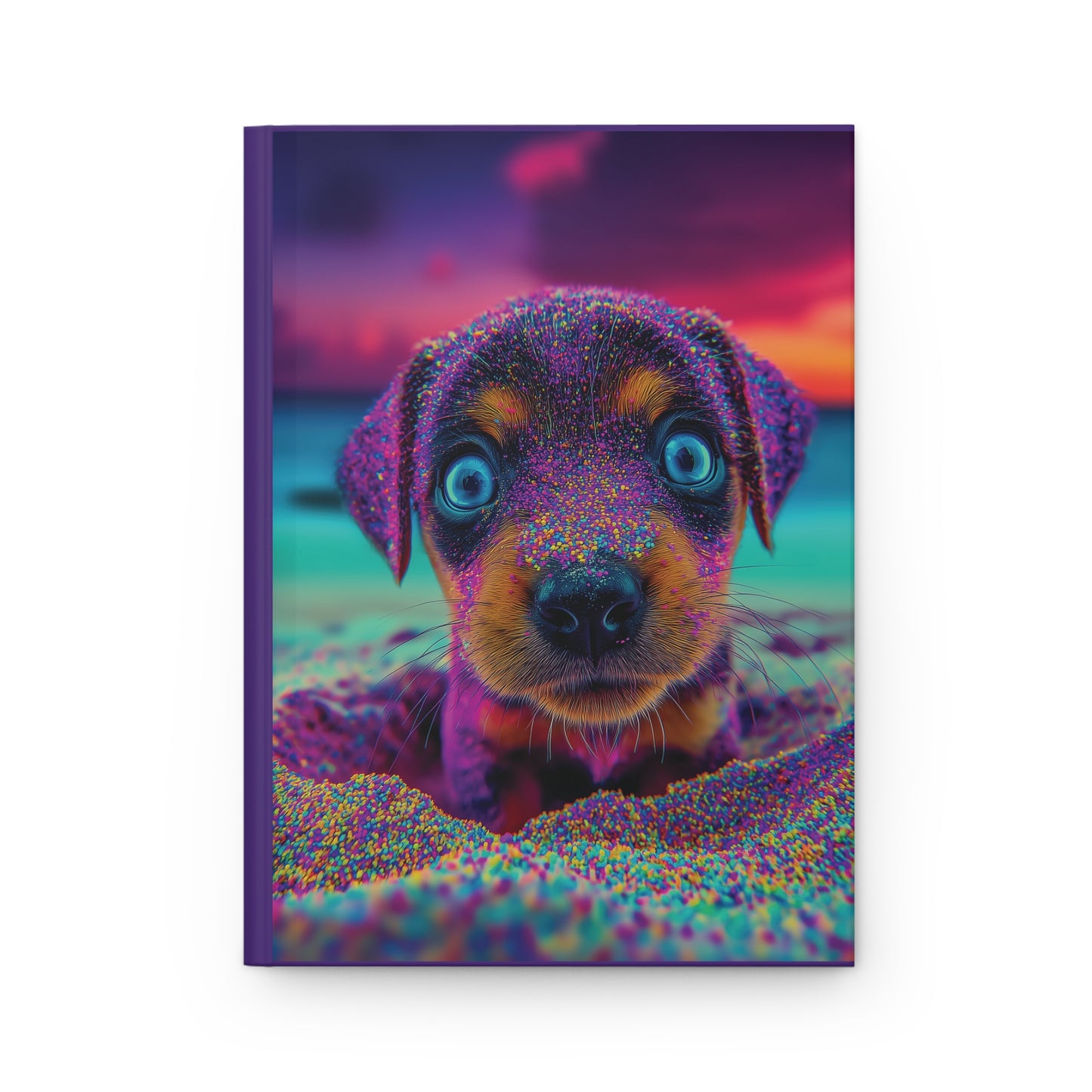 Adorable Puppy on the Beach Notebook – Magical Purple Tones, Blue Eyes, Cute Dog Journal