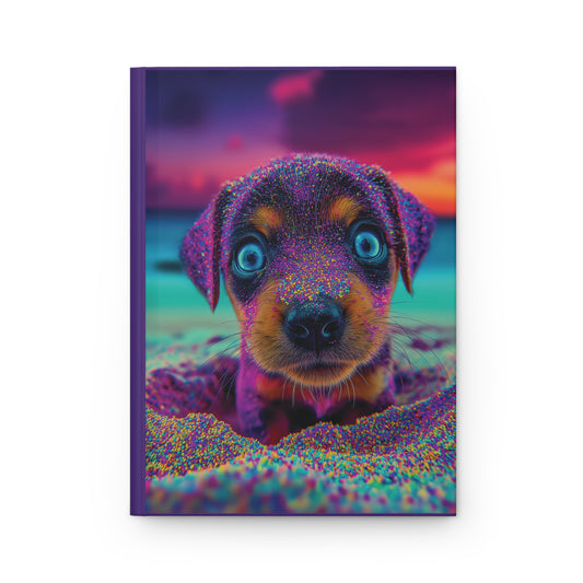 Adorable Puppy on the Beach Notebook – Magical Purple Tones, Blue Eyes, Cute Dog Journal