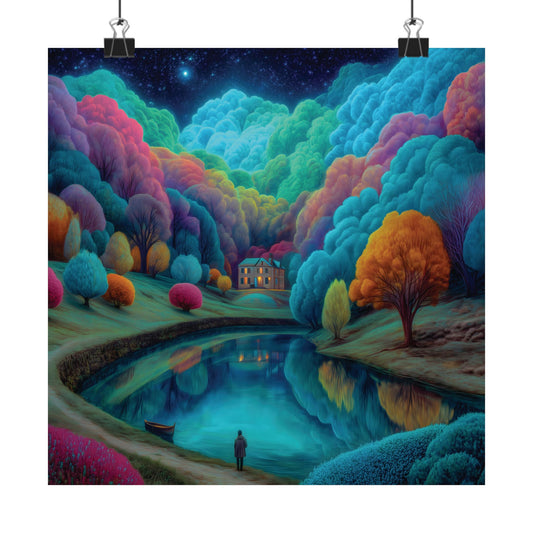Lights Are On Anybody Home? Dreamy Surreal Landscape Poster – Fluffy Trees, Magical Lake