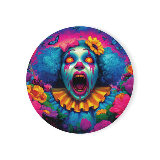 Surreal Clown Cork Back Coaster, Unique Gift for Halloween Decor, Scary Drinkware, Horror Themed Party Supply, Funky Art Coasters