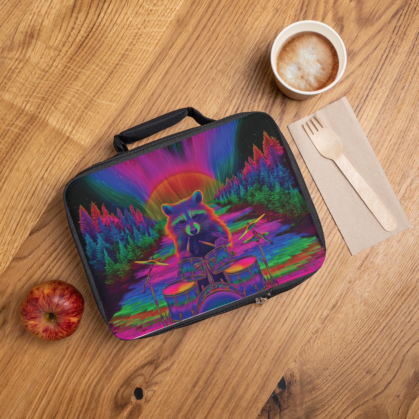 Trippy Raccoon Drummer Lunch Tote – Vibrant Festival Art Bag, Cosmic Music Vibes