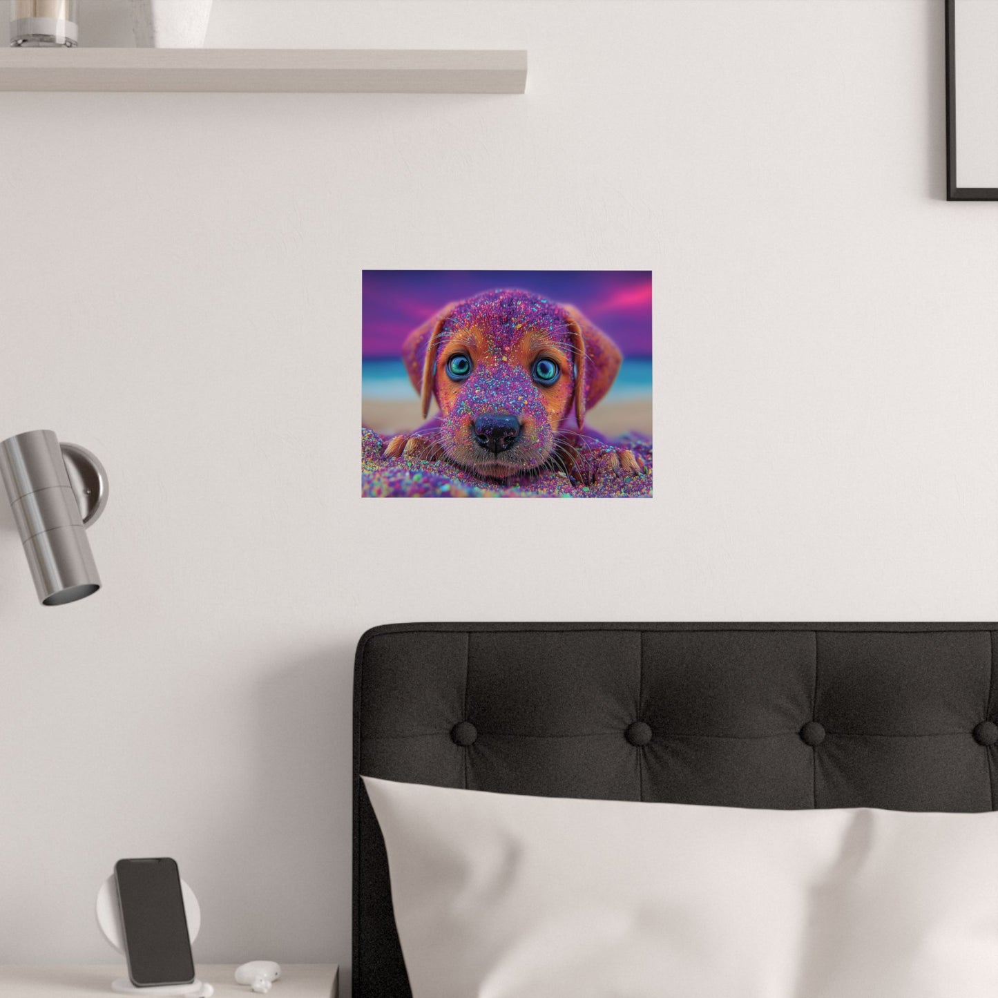 Adorable Hypnotic Colored Puppy Poster – Cute Vibrant Colors & Hypnotic Purple Sand