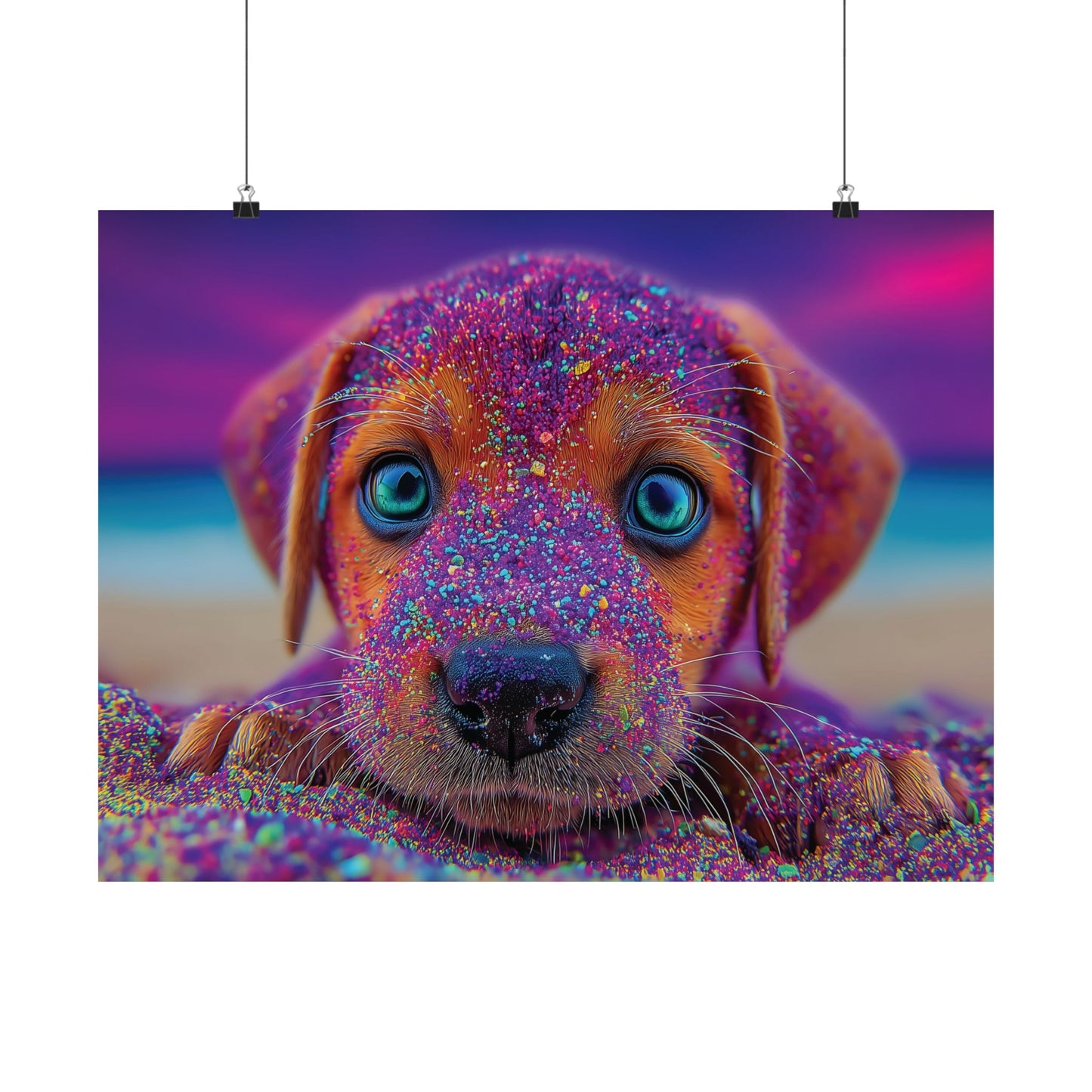 Adorable Hypnotic Colored Puppy Poster – Cute Vibrant Colors & Hypnotic Purple Sand