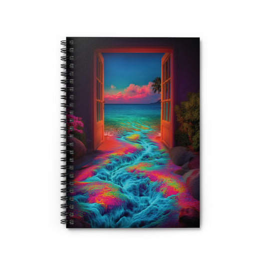 Trippy Dreamlogic Beach Scene Spiral Notebook – Surreal Double Doors & Waterfall Crevasse
