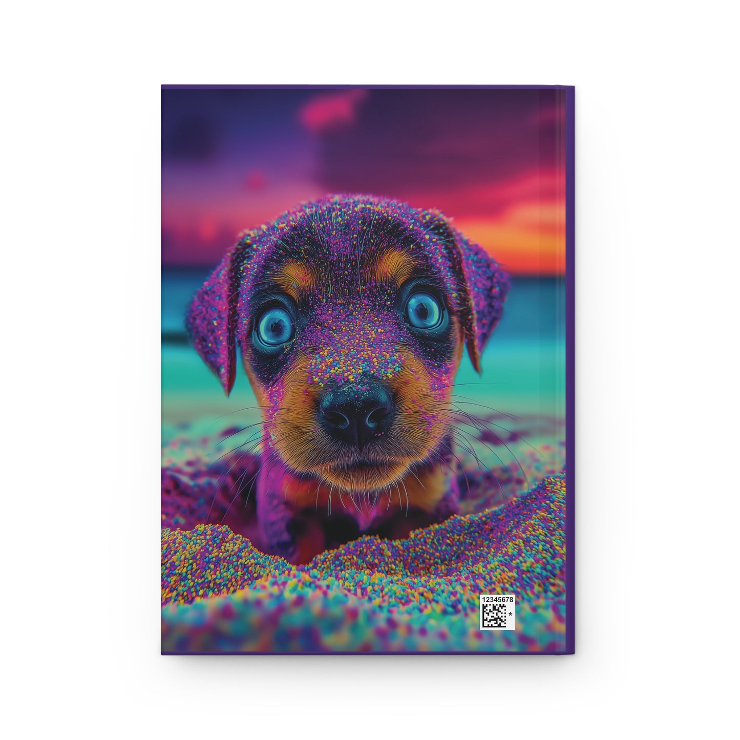 Adorable Puppy on the Beach Notebook – Magical Purple Tones, Blue Eyes, Cute Dog Journal