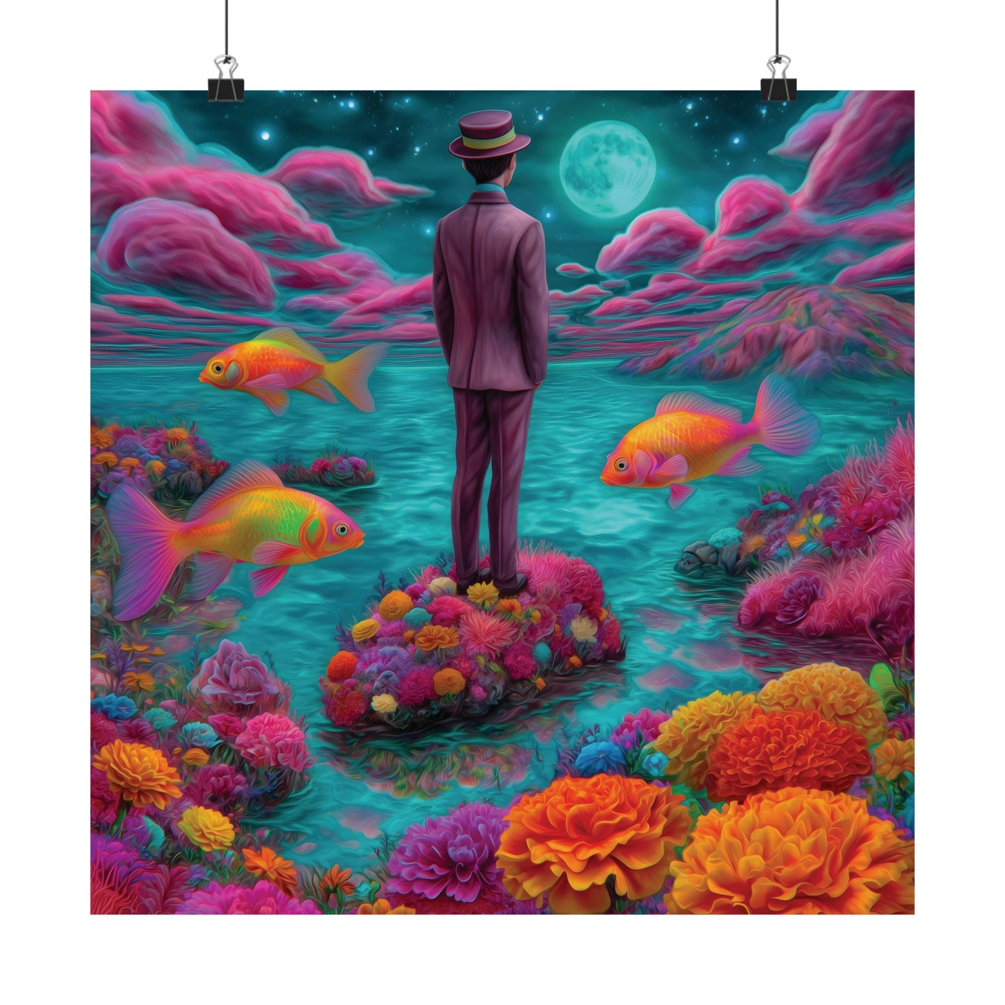 Dreamworld Poster – Floating Goldfish, Surreal Floral Scene