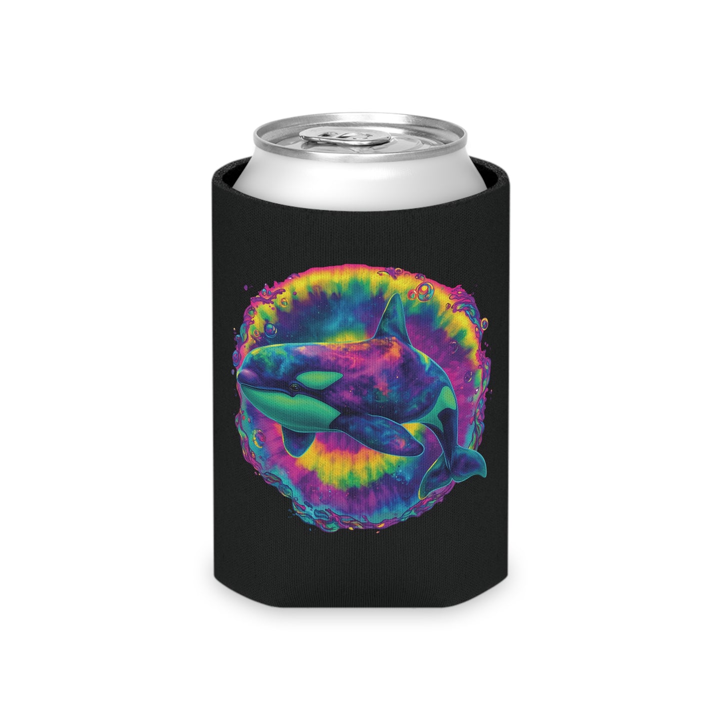 Psychedelic Orca Can Cooler | Trippy Whale & Neon Starfish | SoulstainArt Oceancore Drink Holder