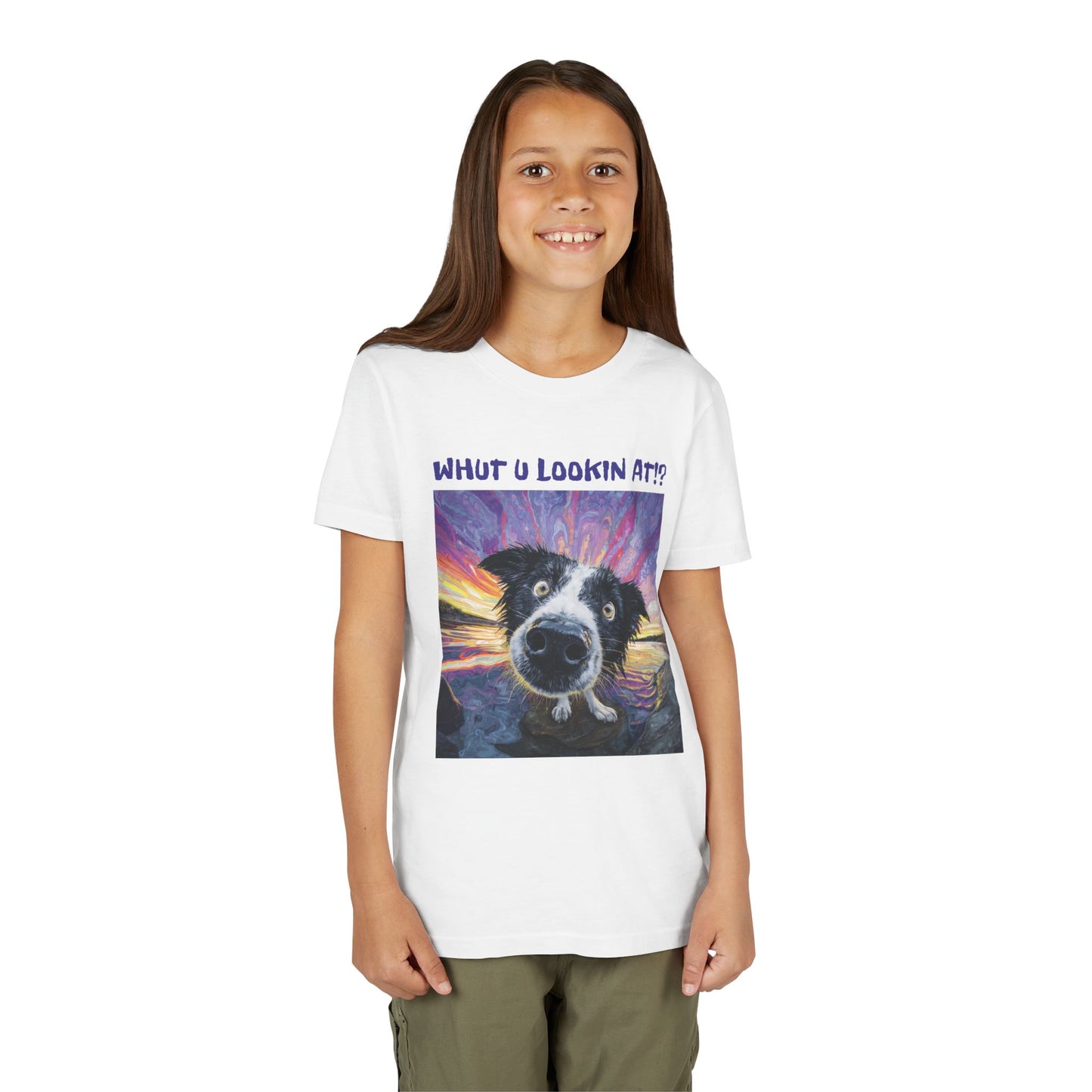 Whut U Lookin At!? Goofy Border Collie Sarcastic Youth Short Sleeve Tee