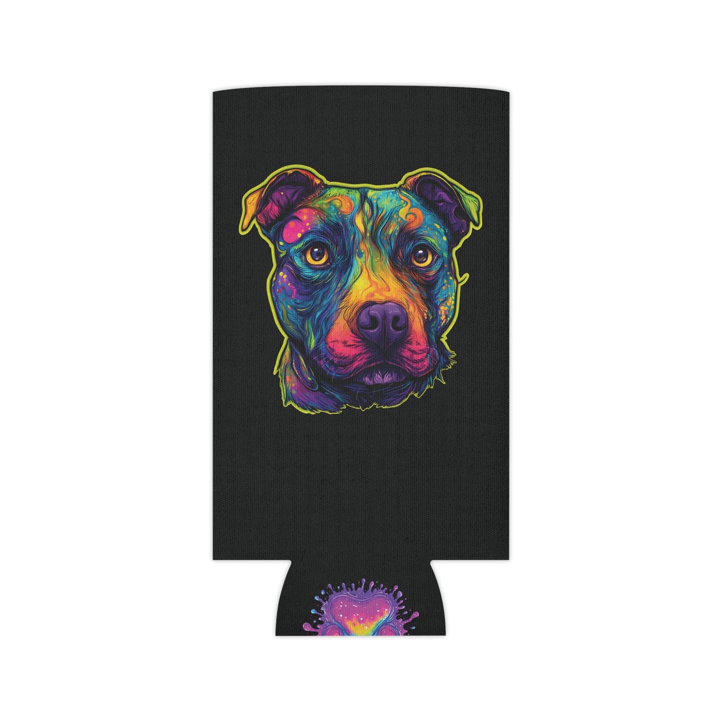 Trippy Pitbull Can Cooler | Psychedelic Dog Art & Neon Paw | SoulstainArt Pet Lover Drink Sleeve