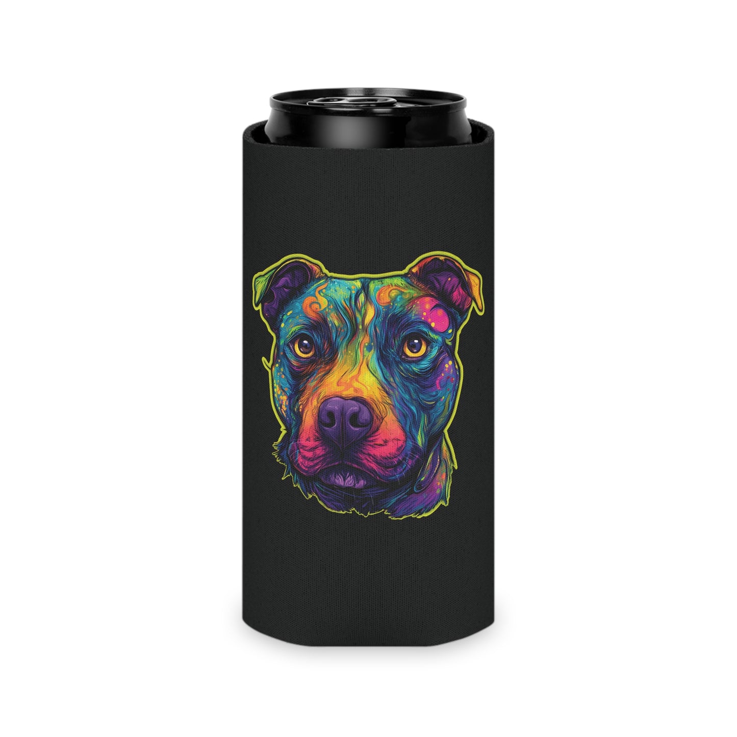Trippy Pitbull Can Cooler | Psychedelic Dog Art & Neon Paw | SoulstainArt Pet Lover Drink Sleeve