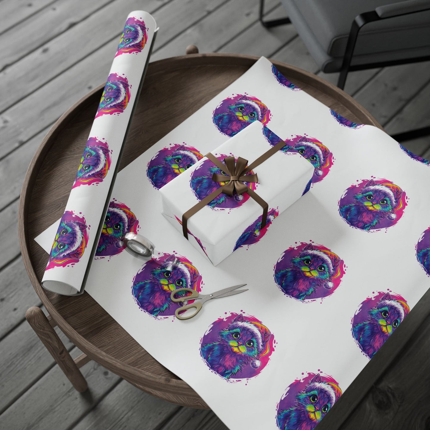 Christmas Wrapping Paper – Cute Kitten in Santa Hat, Colorful Holiday Gift Wrap