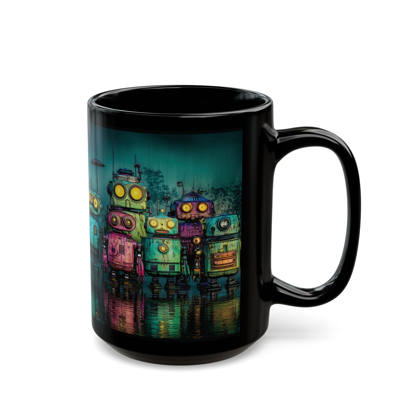 Cute Robot Coffee Mug – Stylized Illustration, Adorable Helper Robots Design