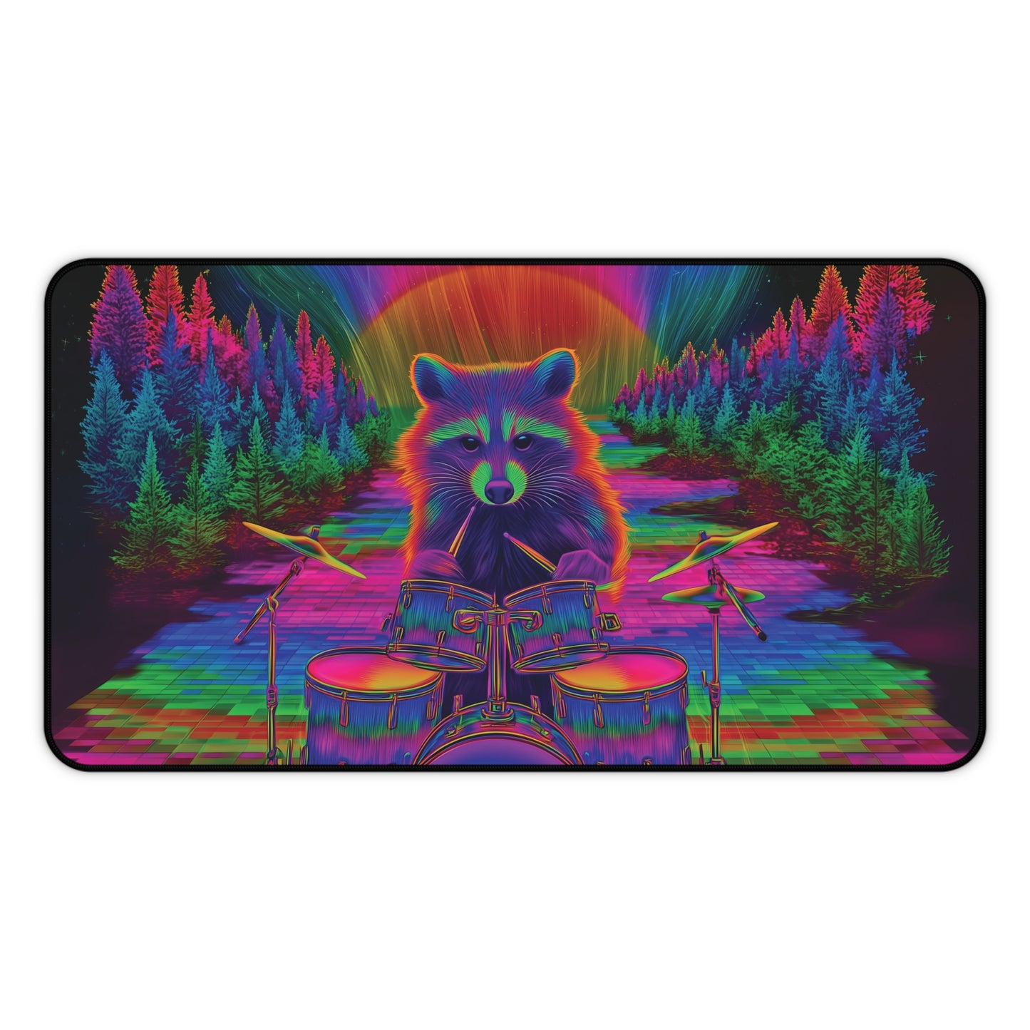Psychedelic Raccoon Drummer Desk Mat – Trippy Gaming & Office Art Pad, Vibrant Cosmic Vibes