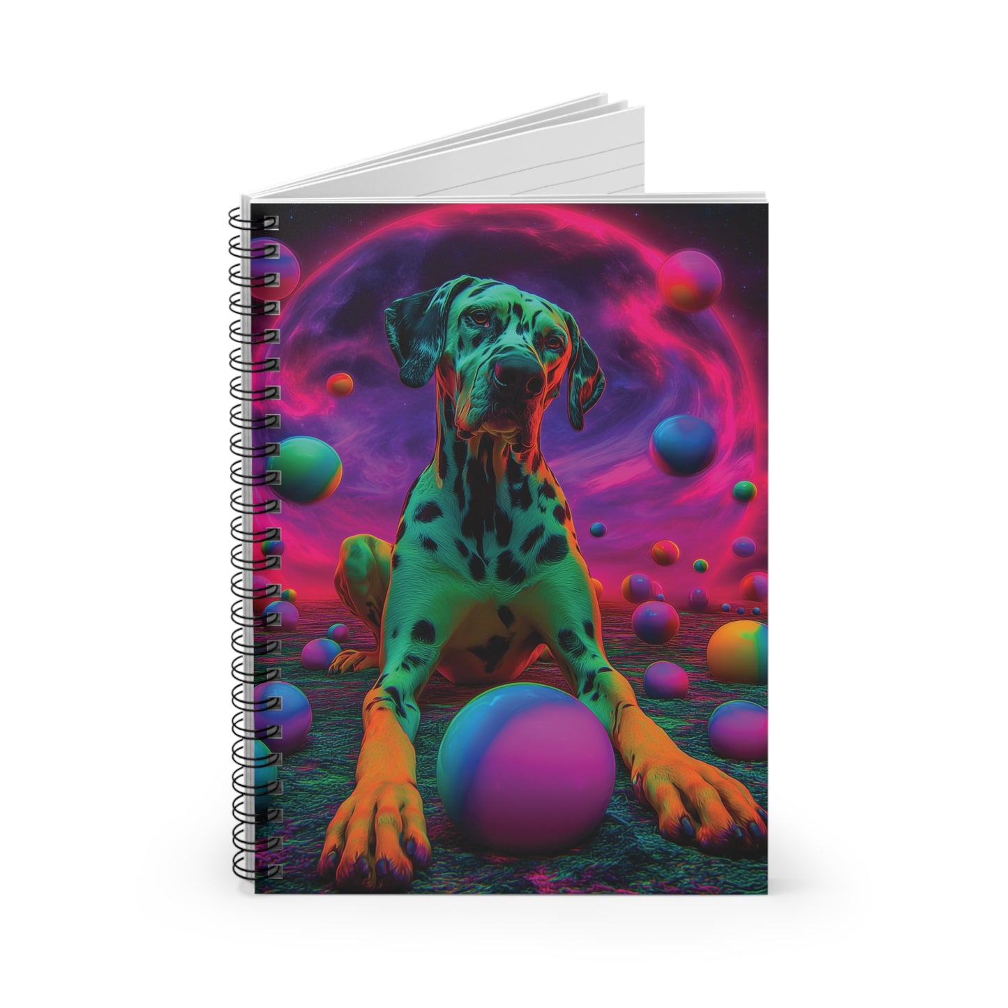 Trippy Dalmatian Notebook – Bright Cosmic Colors, Vibrant Dog Spiral Journal with Psychedelic Vibes