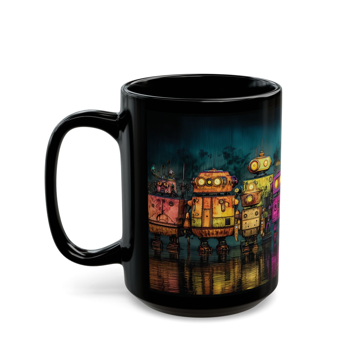 Cute Robot Coffee Mug – Stylized Illustration, Adorable Helper Robots Design