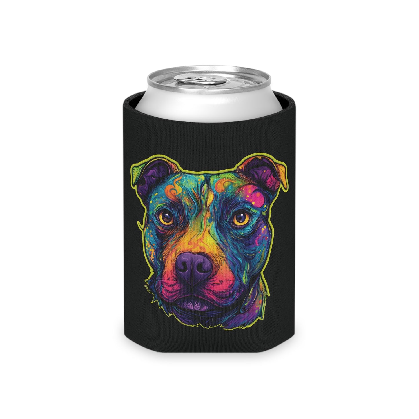 Trippy Pitbull Can Cooler | Psychedelic Dog Art & Neon Paw | SoulstainArt Pet Lover Drink Sleeve