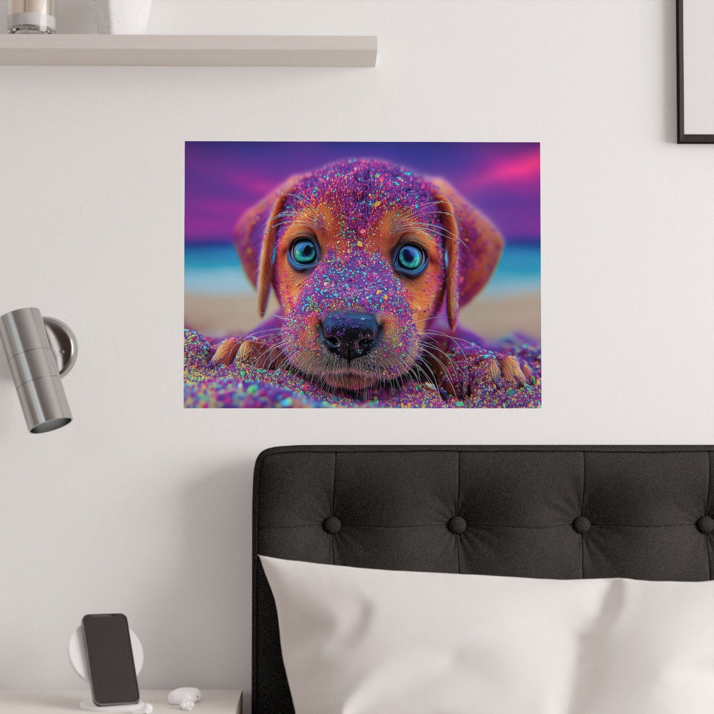 Adorable Hypnotic Colored Puppy Poster – Cute Vibrant Colors & Hypnotic Purple Sand