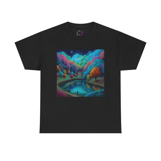 Lights Are On Anybody Home? Dreamy Surreal Landscape Unisex Tee – Fluffy Trees, Magical Lake