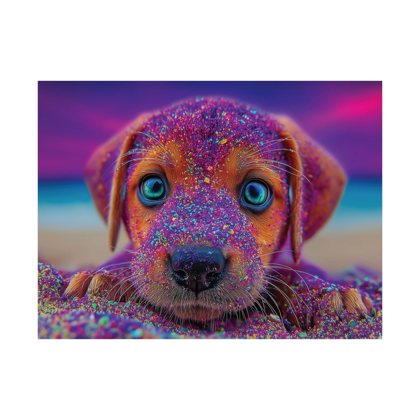 Adorable Hypnotic Colored Puppy Poster – Cute Vibrant Colors & Hypnotic Purple Sand