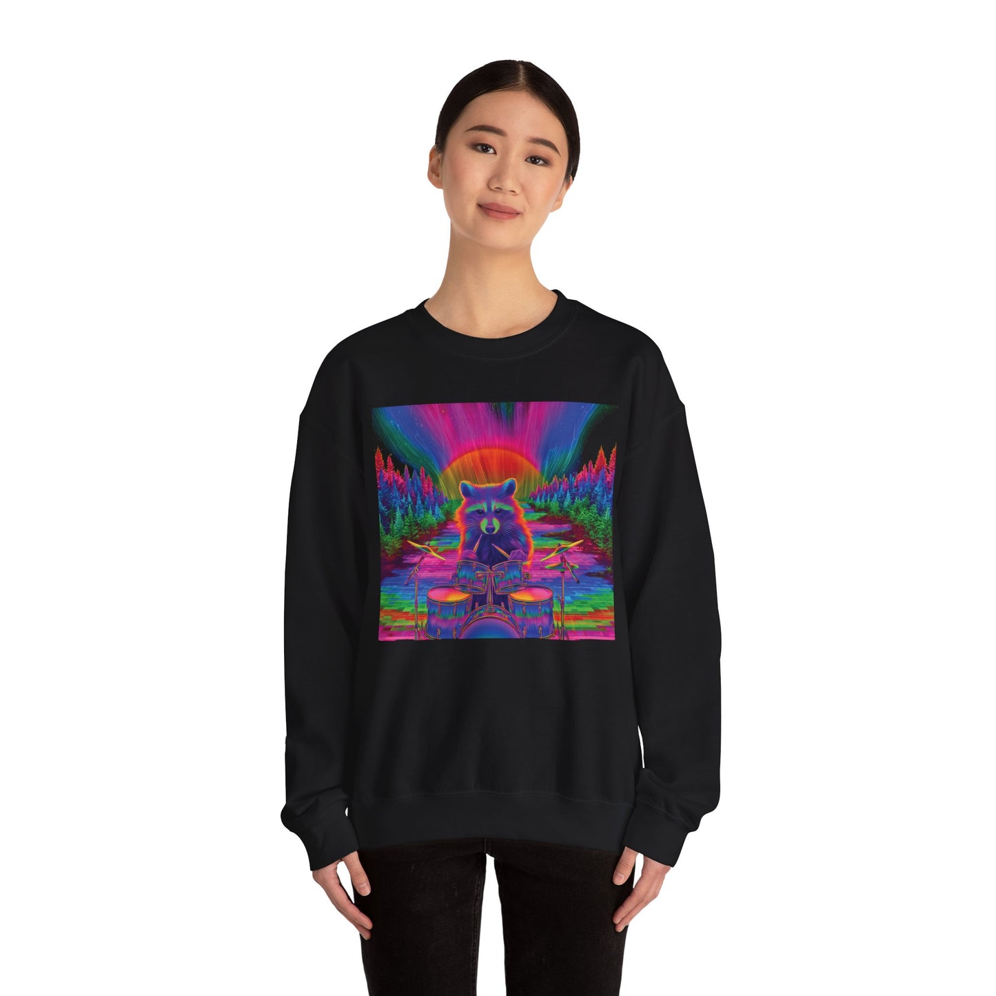 Psychedelic Raccoon Sweatshirt, Unisex Crewneck, Cozy Festival Attire, Perfect Gift for Music Lovers, Colorful Drummer Crew