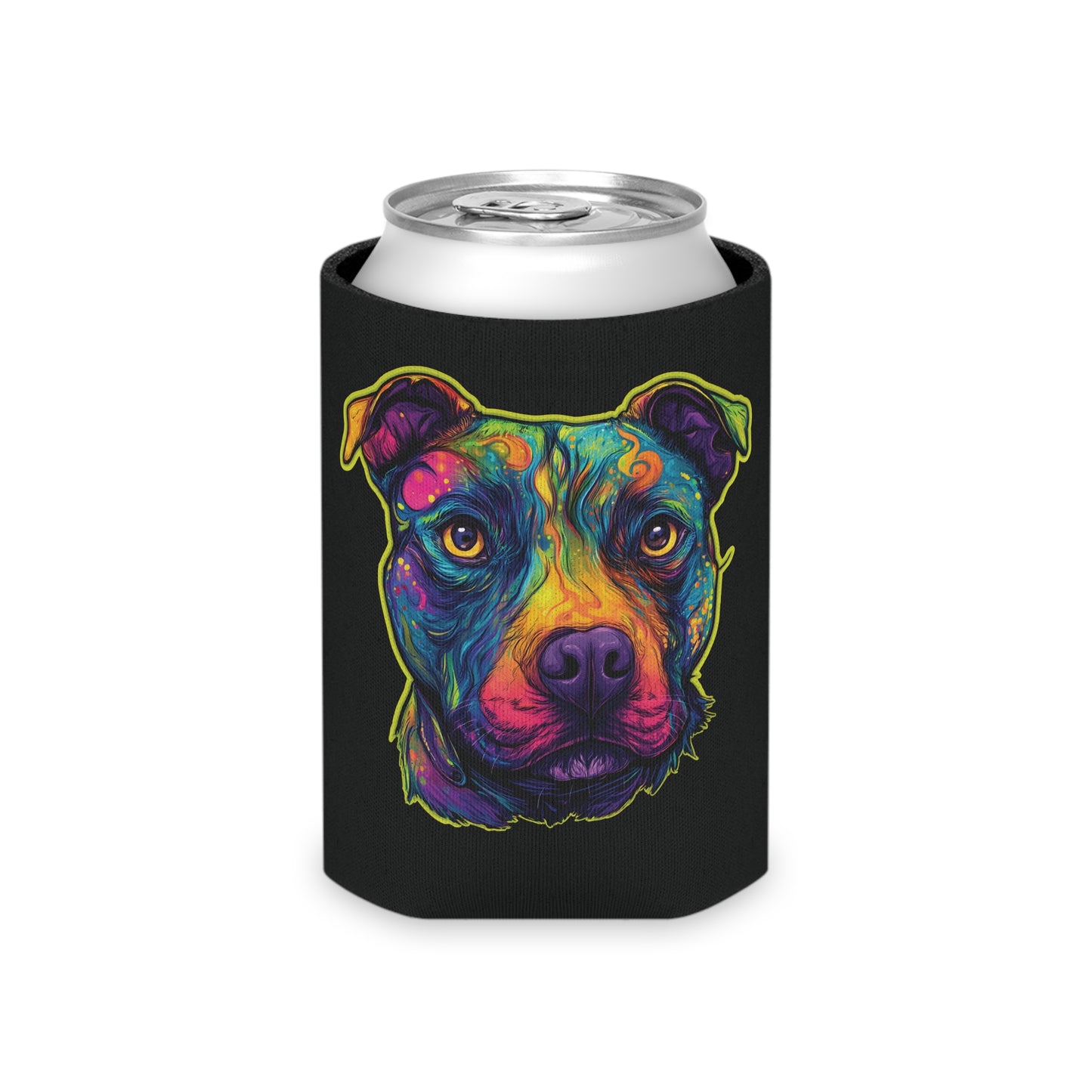 Trippy Pitbull Can Cooler | Psychedelic Dog Art & Neon Paw | SoulstainArt Pet Lover Drink Sleeve