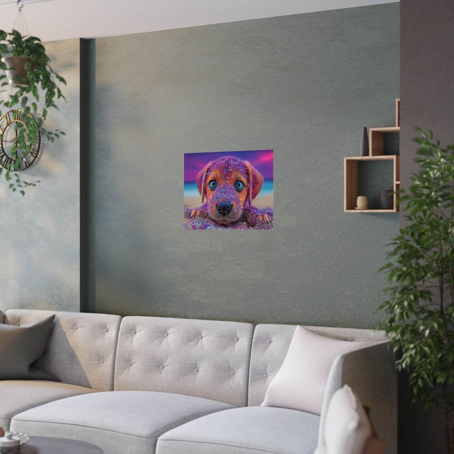Adorable Hypnotic Colored Puppy Poster – Cute Vibrant Colors & Hypnotic Purple Sand