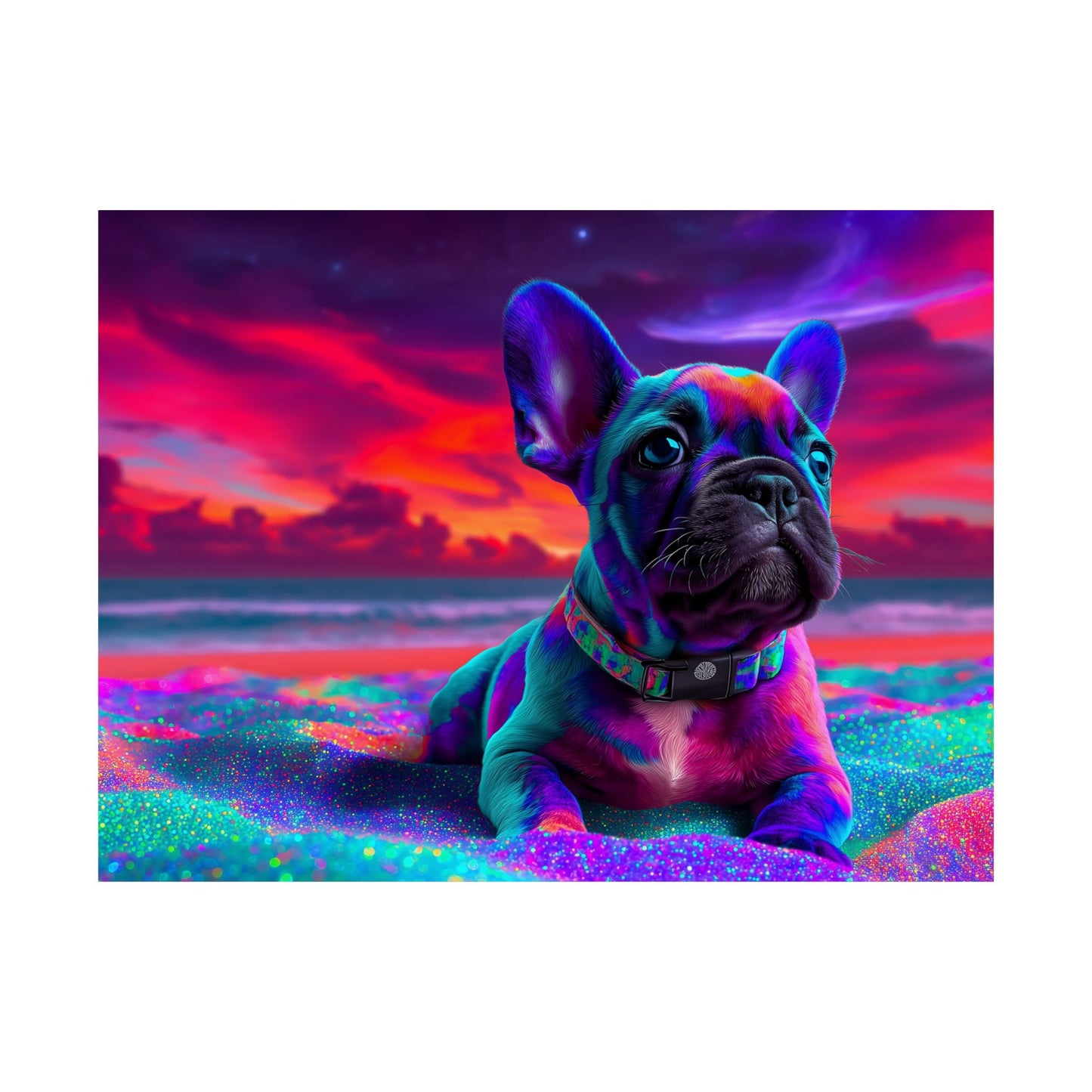 French Bulldog Poster – Cute Colorful Frenchie on Shimmering Sand, Dog Lover Poster