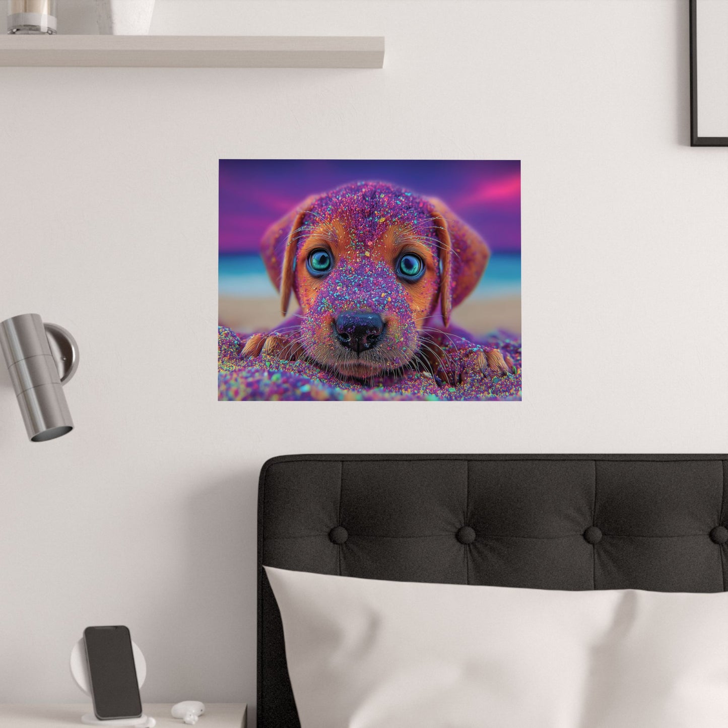 Adorable Hypnotic Colored Puppy Poster – Cute Vibrant Colors & Hypnotic Purple Sand