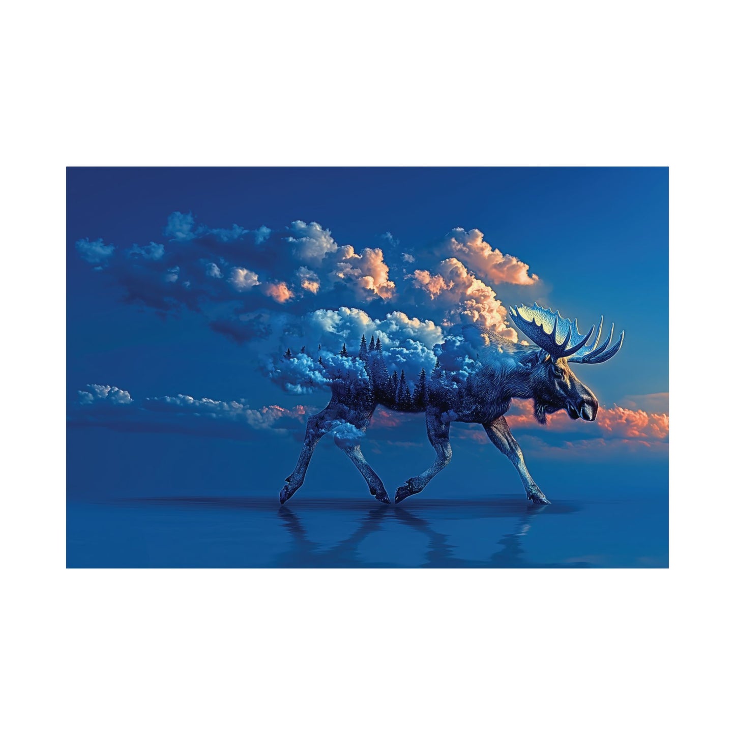Silent Majesty Poster – Surreal Sky Moose Crossing Water