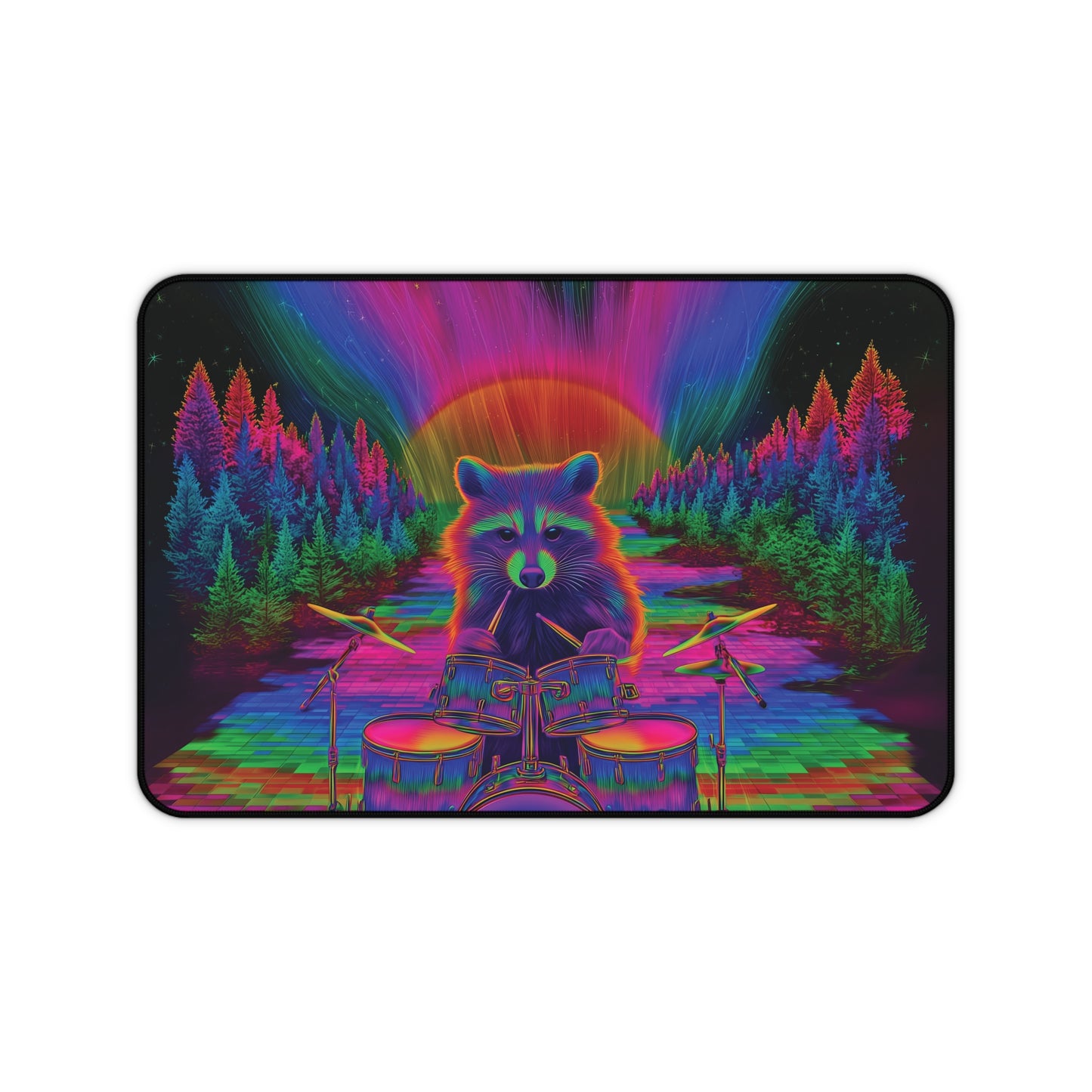Psychedelic Raccoon Drummer Desk Mat – Trippy Gaming & Office Art Pad, Vibrant Cosmic Vibes
