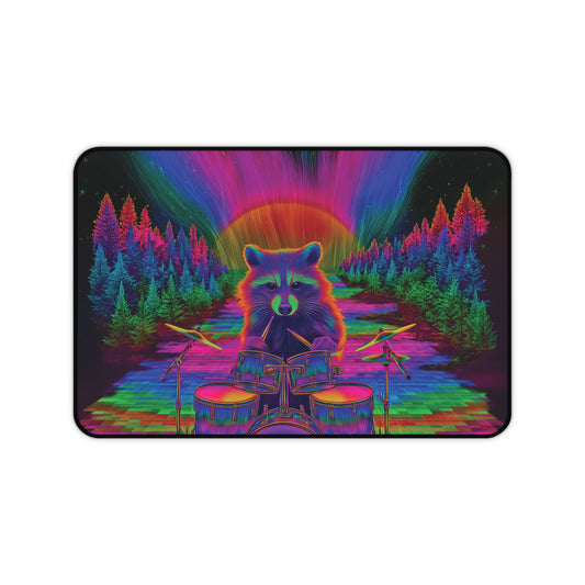 Psychedelic Raccoon Drummer Desk Mat – Trippy Gaming & Office Art Pad, Vibrant Cosmic Vibes