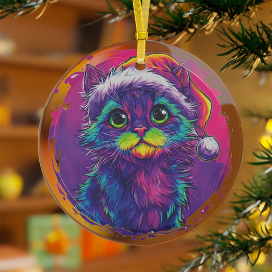 Glass Christmas Ornament – Vivid Kitten in Santa Hat, Cute Holiday Cat Decoration