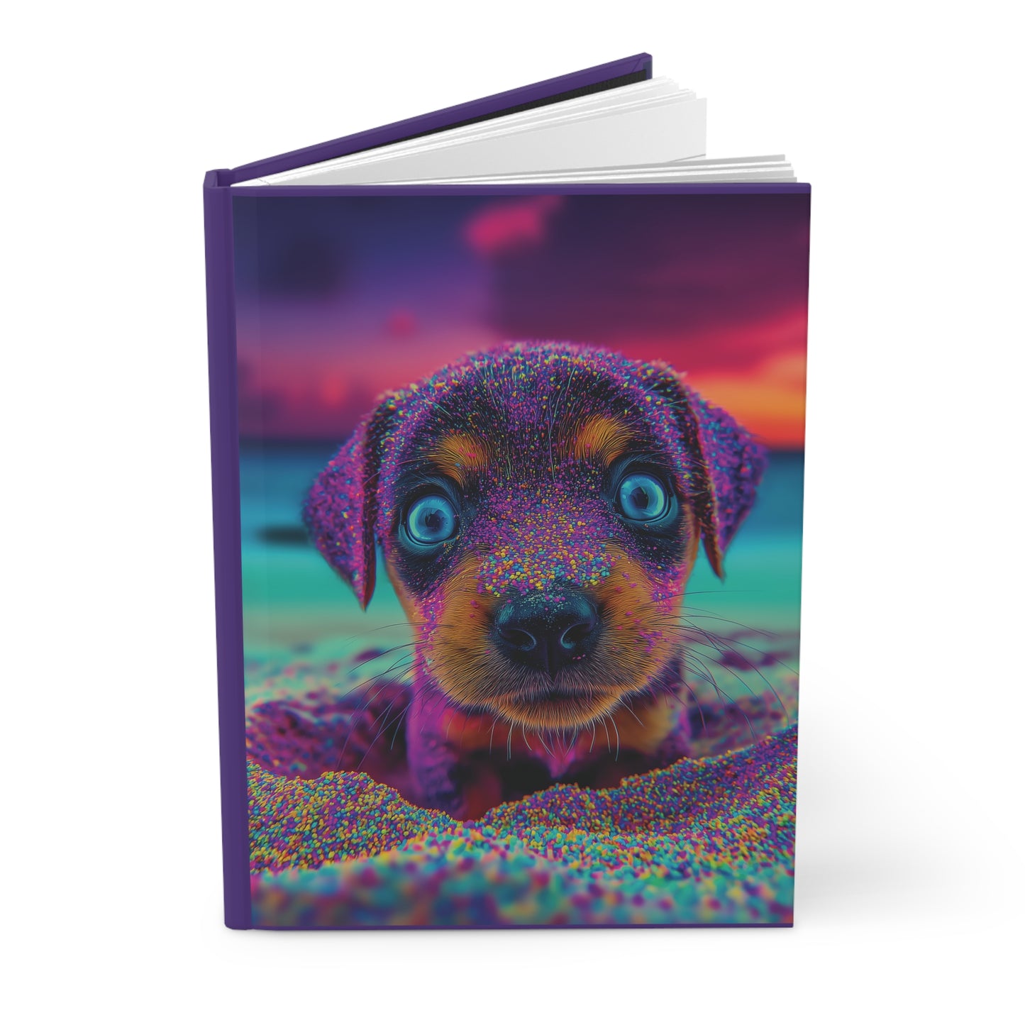Adorable Puppy on the Beach Notebook – Magical Purple Tones, Blue Eyes, Cute Dog Journal